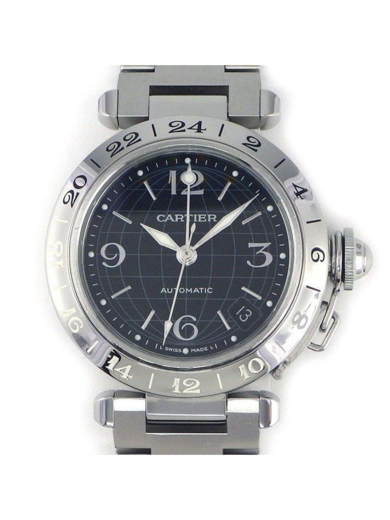 Cartier Watch Pasha C Black Dial Date Luminous Hands Index Gmt Ss Automatic